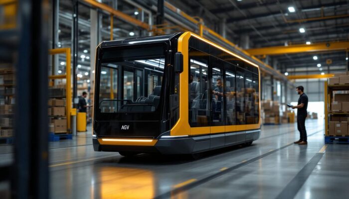 A photograph of a sleek and modern automated guided vehicle (agv) in an industrial setting