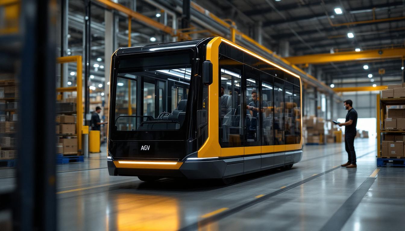 A photograph of a sleek and modern automated guided vehicle (agv) in an industrial setting