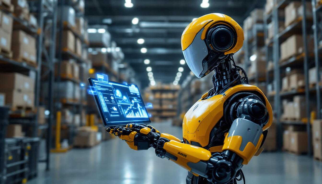 A photograph of a modern warehouse setting featuring an industrial robot in action