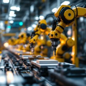 A photograph of a high-tech automated assembly line featuring industrial robots in action