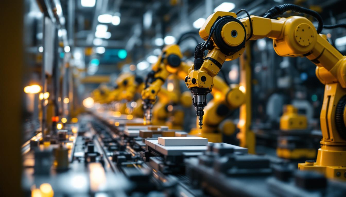 A photograph of a high-tech automated assembly line featuring industrial robots in action