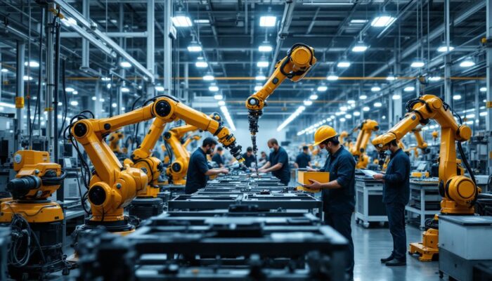 A photograph of a busy industrial workspace showcasing both robotic arms in action and human workers collaborating