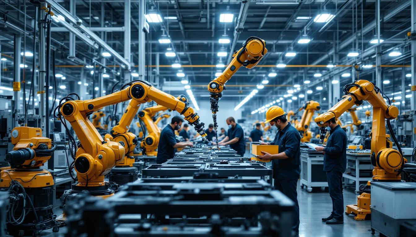 A photograph of a busy industrial workspace showcasing both robotic arms in action and human workers collaborating
