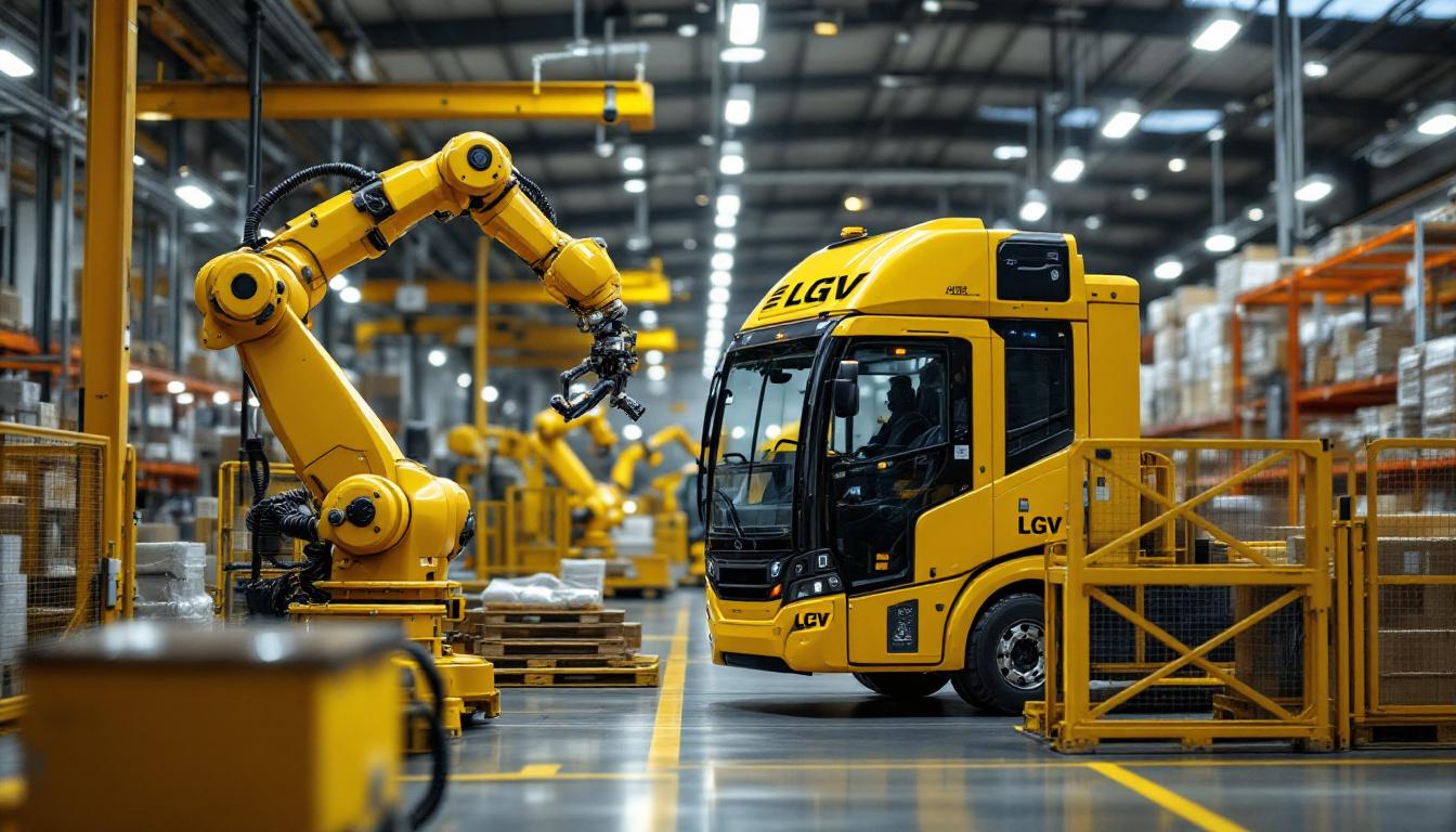 A photograph of a sleek lgv truck operating alongside an industrial robotic arm in a warehouse setting