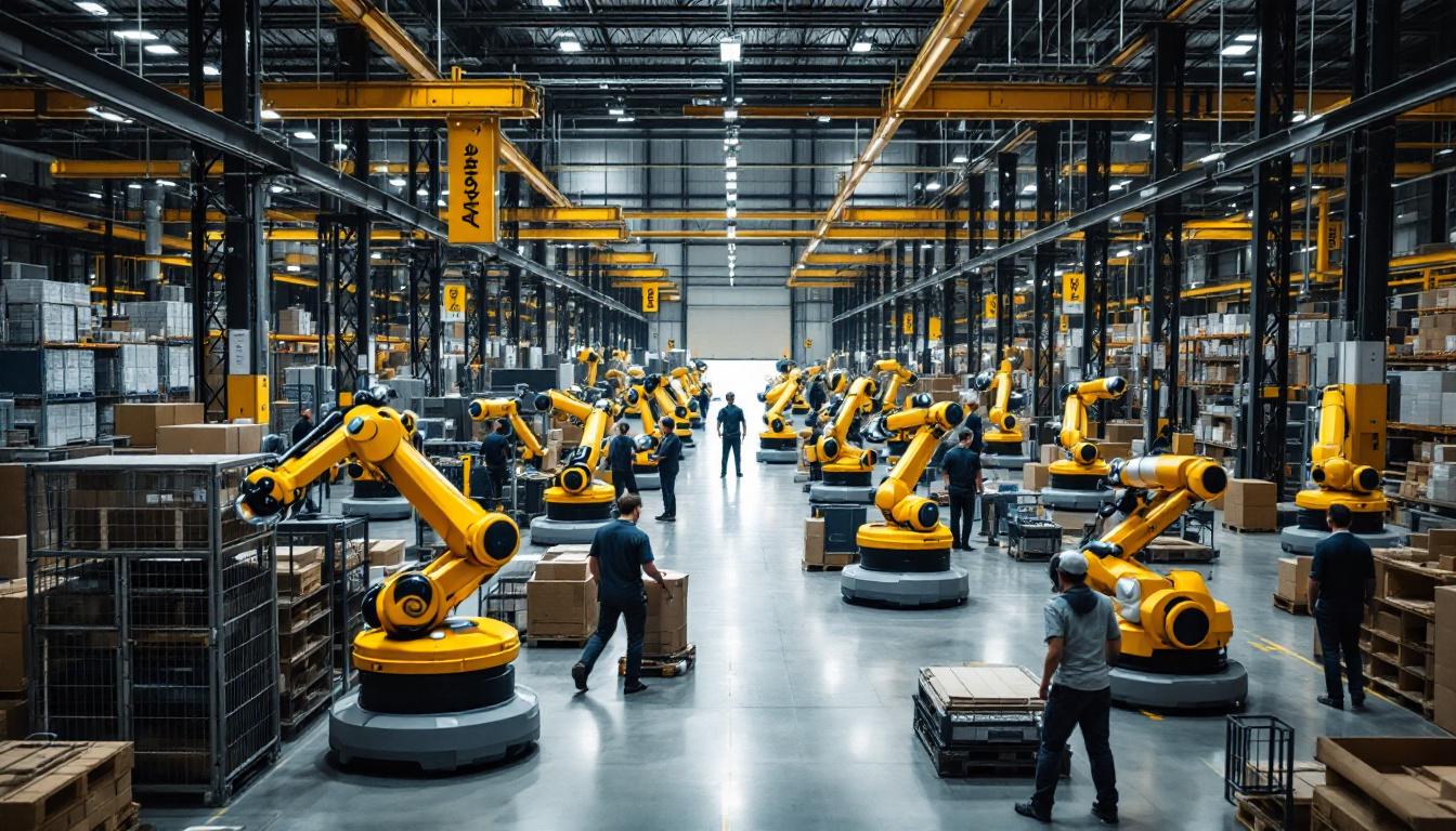 A photograph of a bustling amazon robotics floor