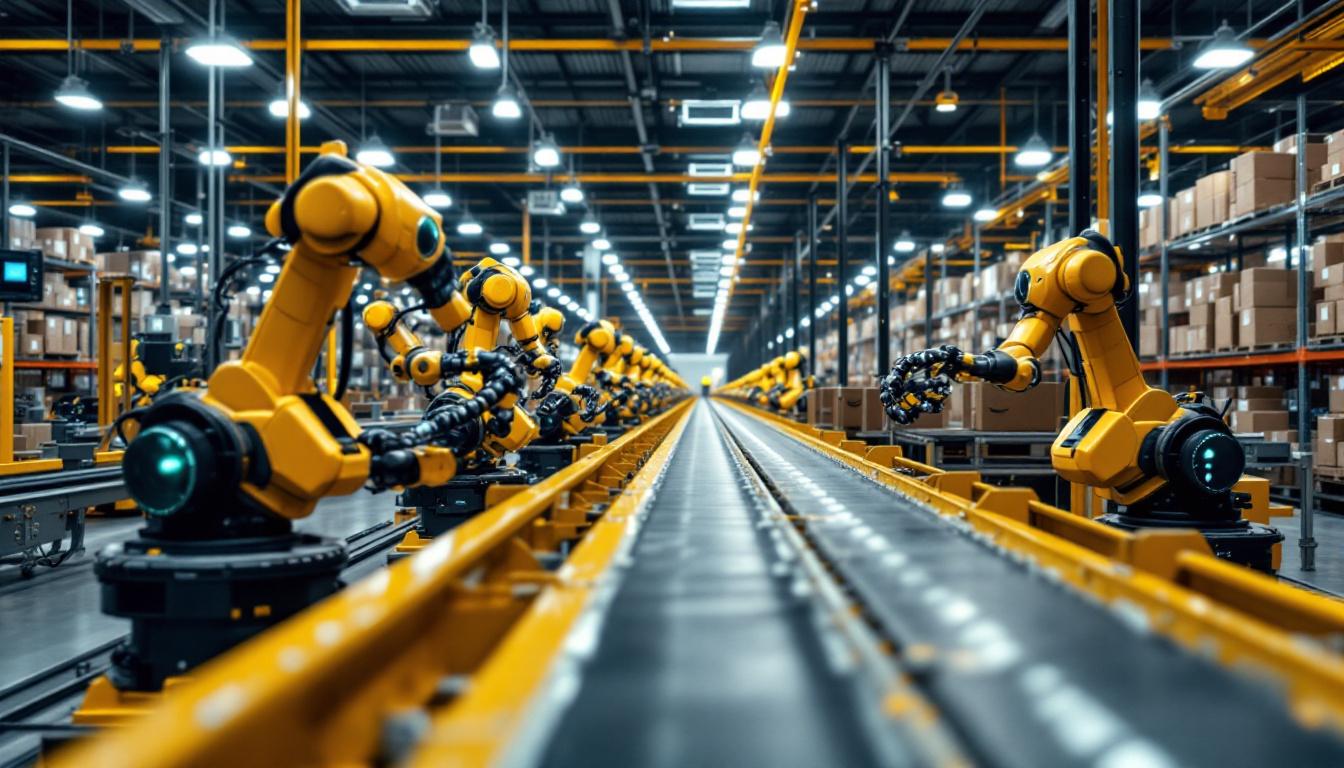 A photograph of a bustling amazon warehouse conveyor belt system