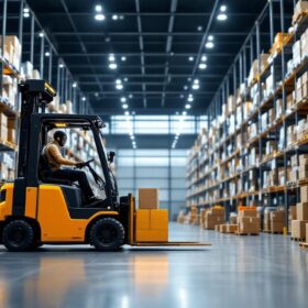 A photograph of a modern amazon warehouse showcasing a high-tech industrial forklift in action
