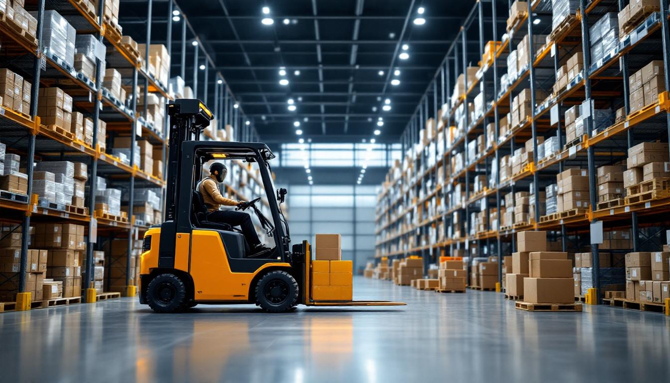 A photograph of a modern amazon warehouse showcasing a high-tech industrial forklift in action