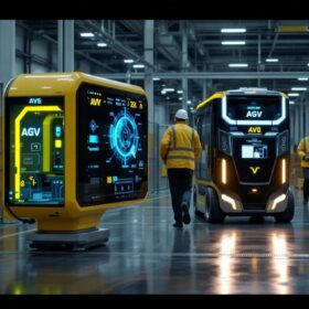 A photograph of a sleek agv (automated guided vehicle) in action within an industrial setting