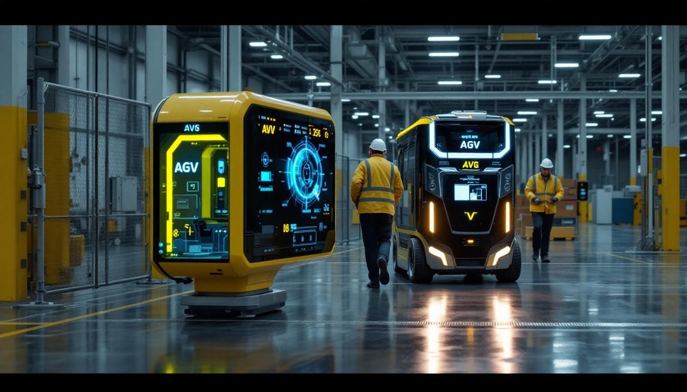 A photograph of a sleek agv (automated guided vehicle) in action within an industrial setting