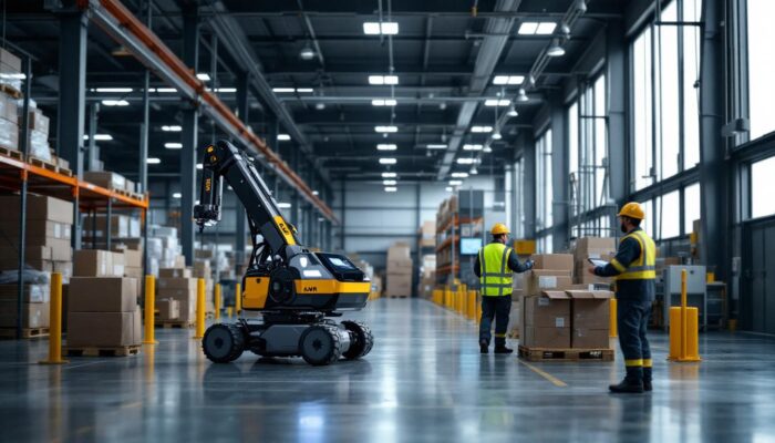 A photograph of capture a photograph of a dematic amr (autonomous mobile robot) in action within a modern industrial warehouse setting