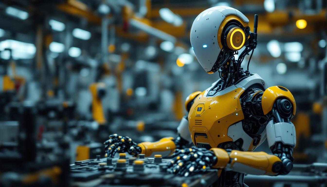 A photograph of a sleek industrial robot equipped with an antenna-like sensor