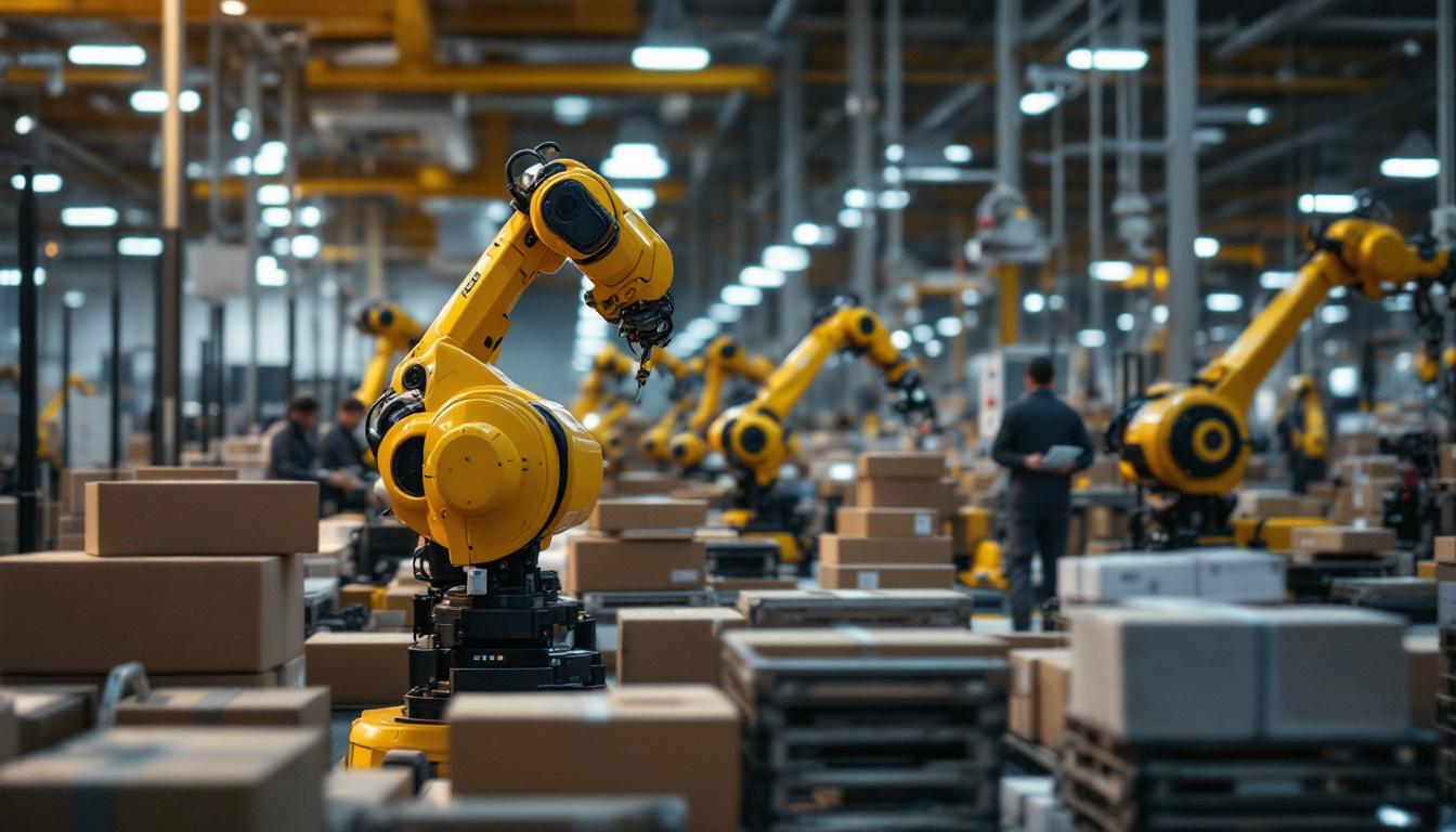 A photograph of a bustling t-mobile fulfillment center showcasing industrial robots in action