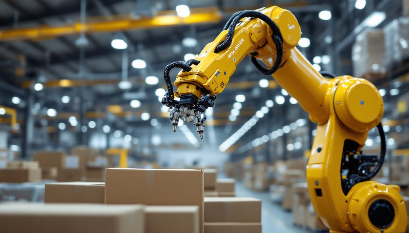 A photograph of a state-of-the-art industrial robotic arm in action within an amazon fulfillment center in shreveport