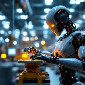 A photograph of a sleek industrial robot in action on a factory floor