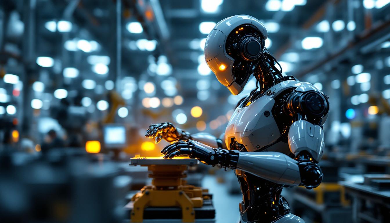 A photograph of a sleek industrial robot in action on a factory floor