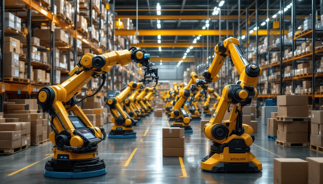 A photograph of a bustling amazon warehouse showcasing a variety of industrial robots in action