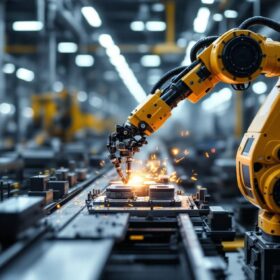 A photograph of a sleek industrial robotic machine in action on a factory floor