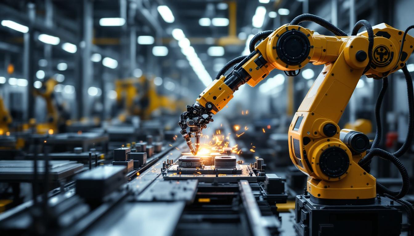 A photograph of a sleek industrial robotic machine in action on a factory floor