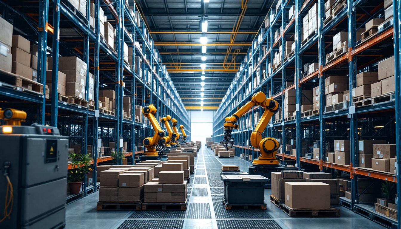 A photograph of a bustling automated warehouse scene featuring industrial robots in action