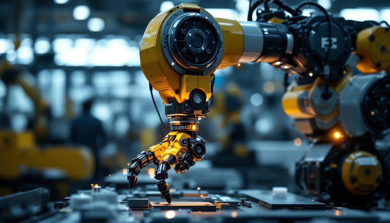 A photograph of a modern industrial robot in action within a manufacturing setting