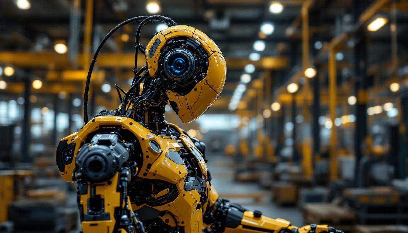 A photograph of a modern industrial robot in action within a bustling warehouse or manufacturing environment