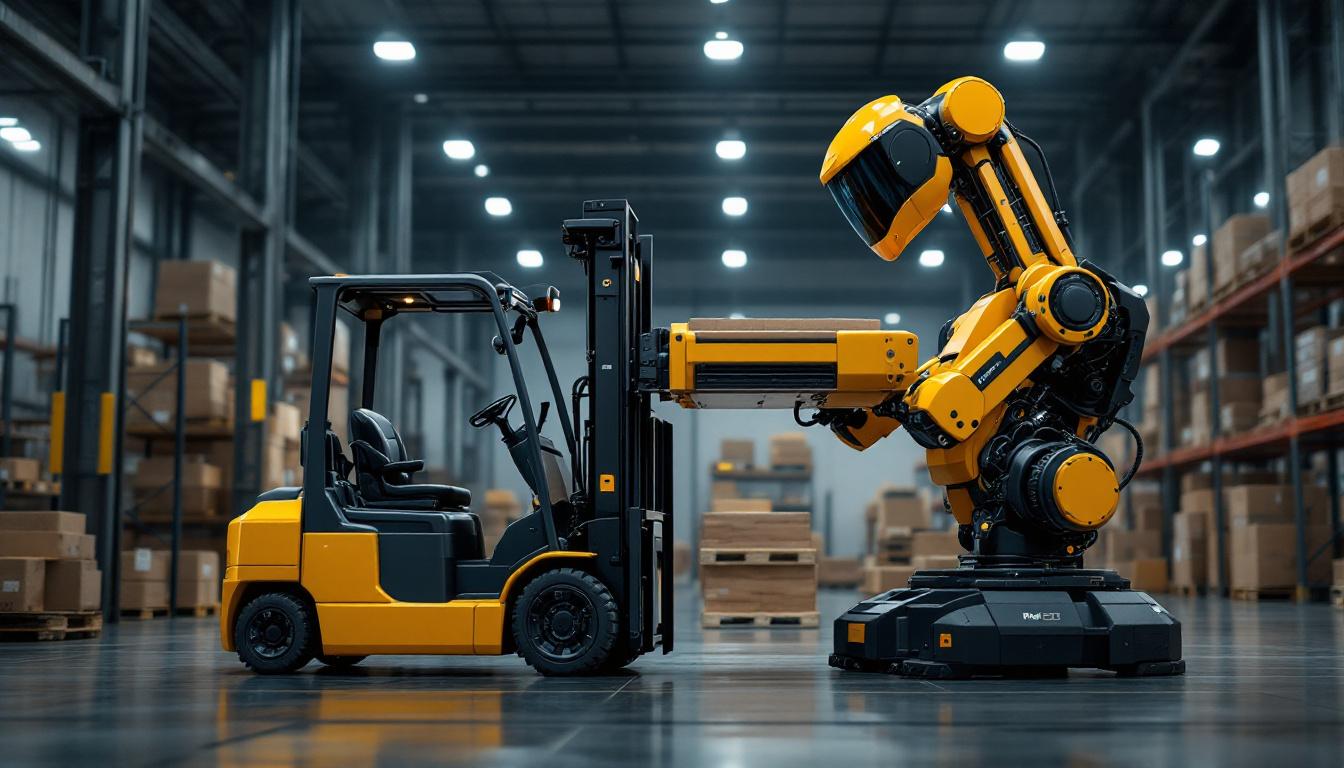 A photograph of a modern industrial setting featuring a robotic forklift in action