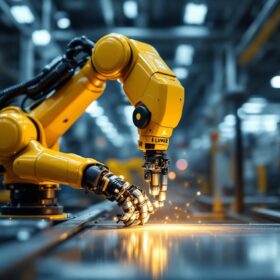 A photograph of a linde r industrial robot in action within a manufacturing environment