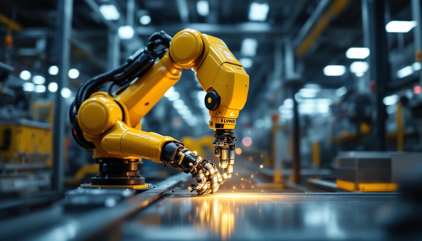 A photograph of a linde r industrial robot in action within a manufacturing environment