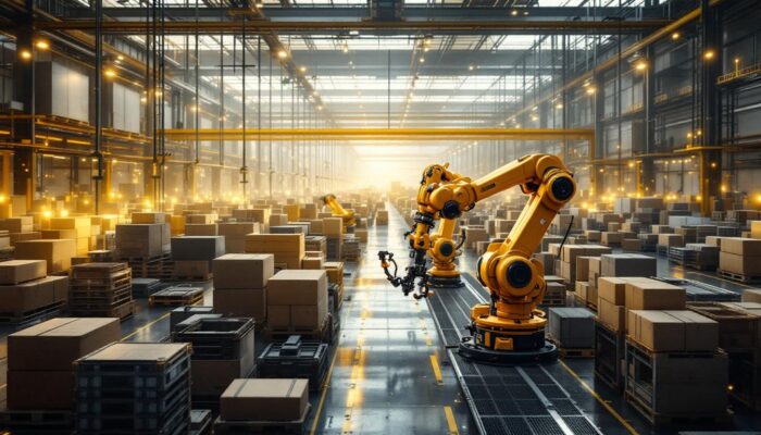 A photograph of a sprawling industrial warehouse filled with advanced robotic systems in action