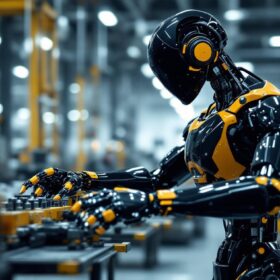 A photograph of a sleek industrial robot in action within a modern manufacturing facility