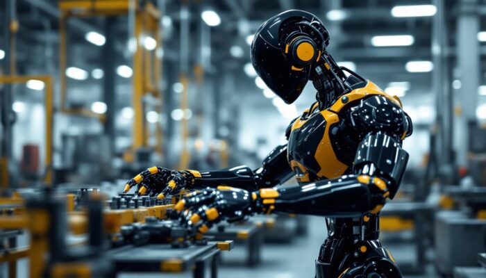 A photograph of a sleek industrial robot in action within a modern manufacturing facility