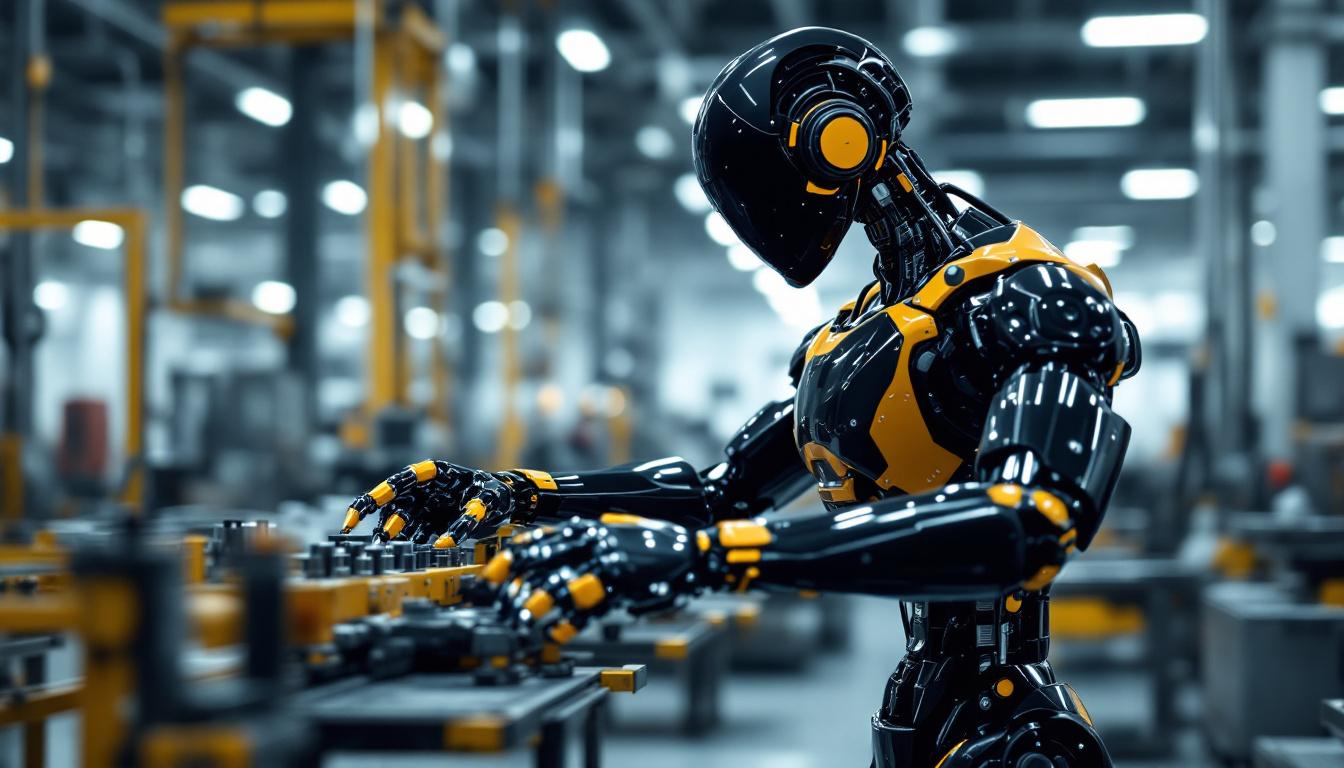 A photograph of a sleek industrial robot in action within a modern manufacturing facility
