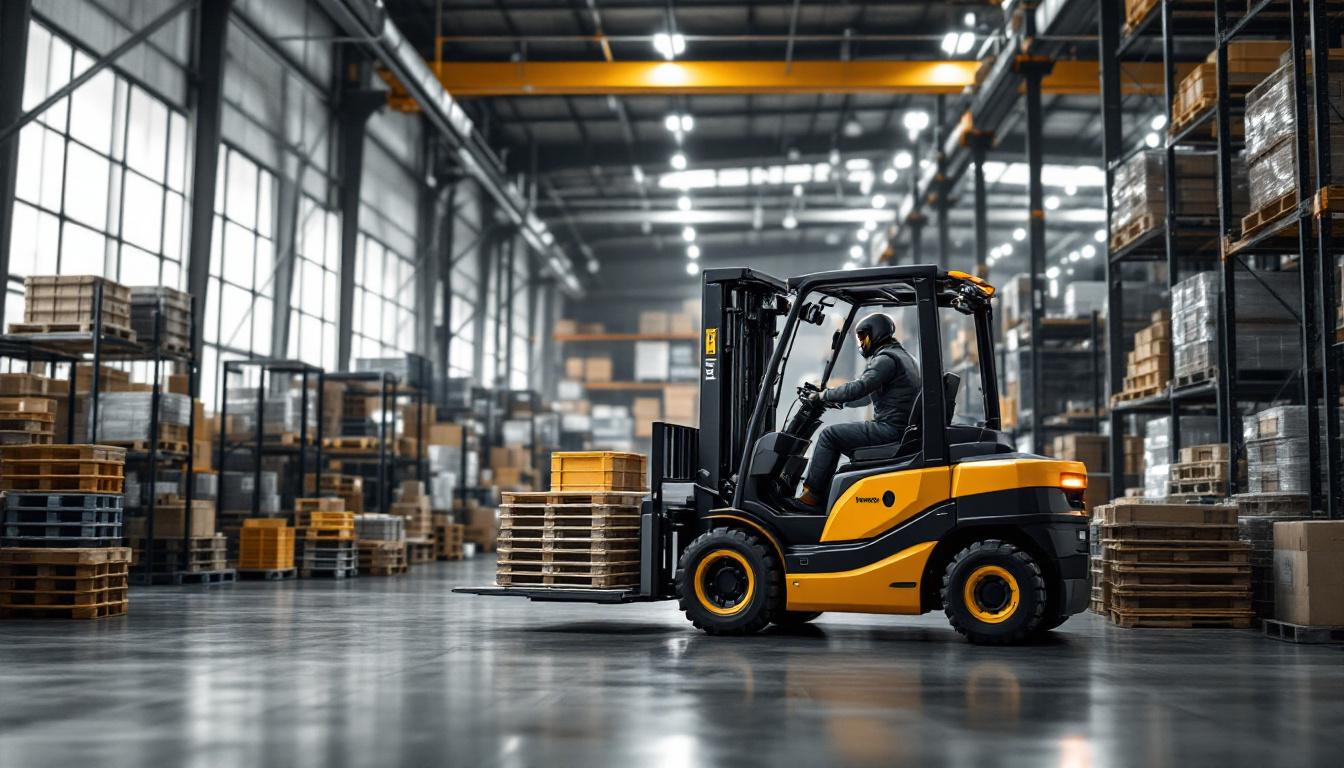 A photograph of a modern forklift in action within an industrial setting