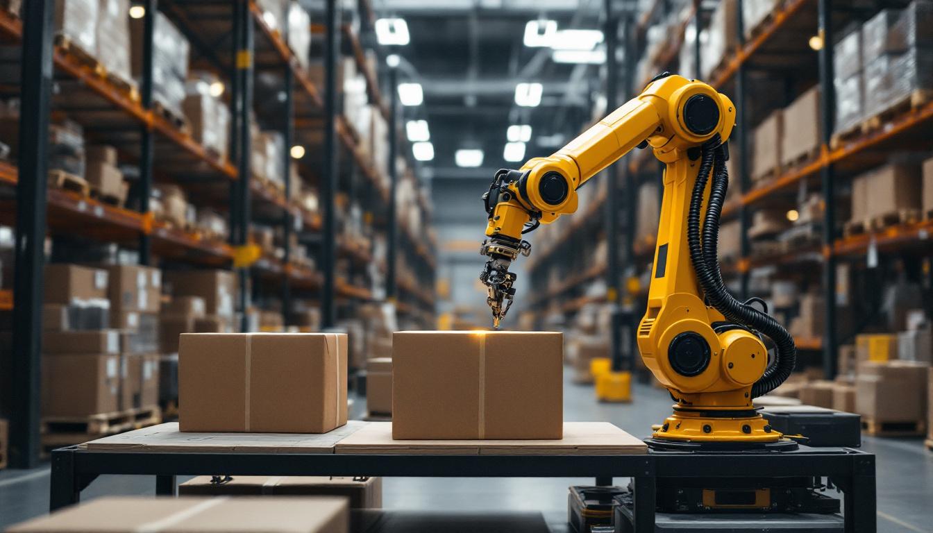 A photograph of a sleek amazon robotic arm in action within a warehouse setting