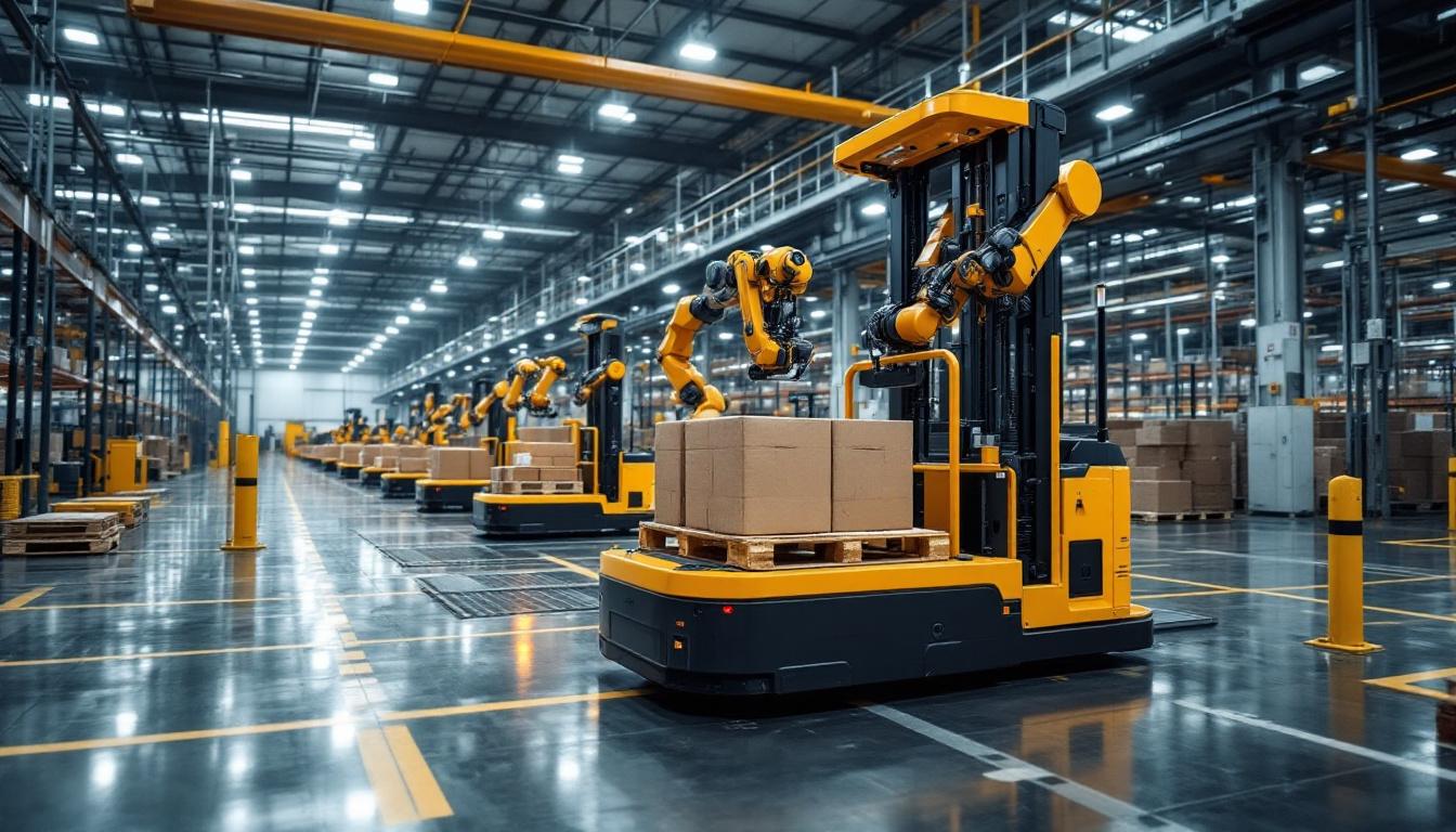 A photograph of capture a photograph of an industrial setting featuring agv (automated guided vehicle) material handling equipment in action