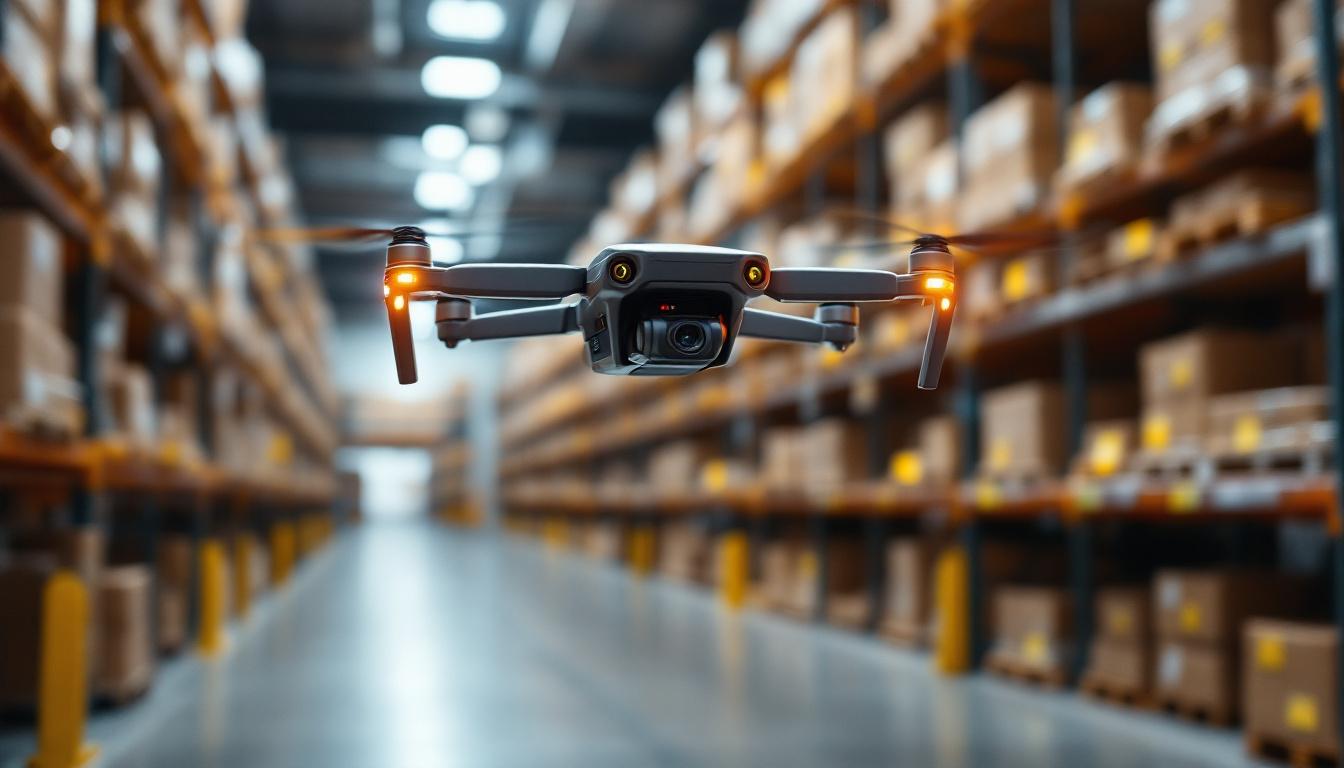 A photograph of a drone equipped with advanced scanning technology hovering above a warehouse aisle