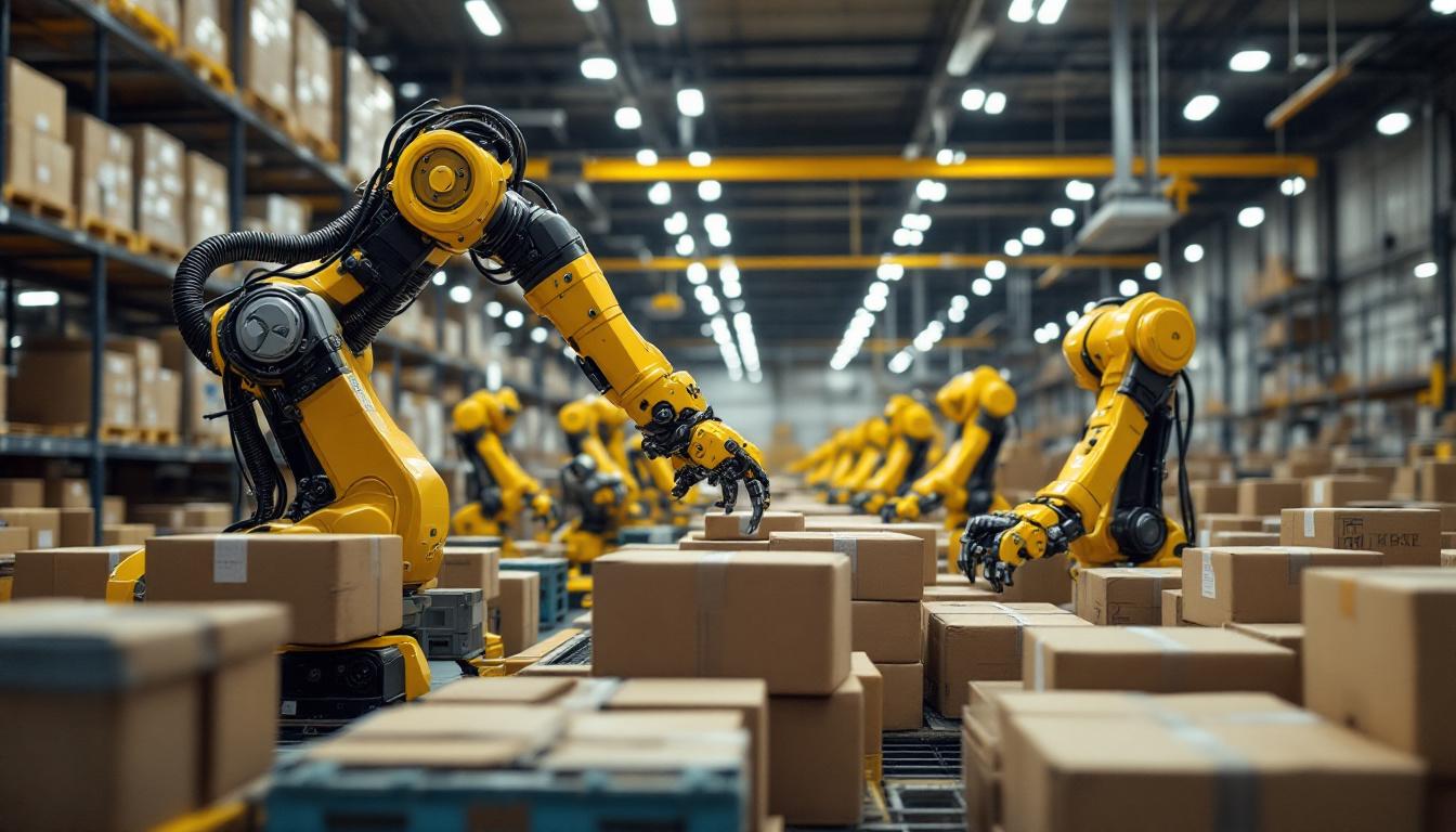 A photograph of a modern warehouse environment showcasing industrial robots in action