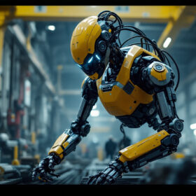 A photograph of a boston dynamics robot in action within an industrial setting