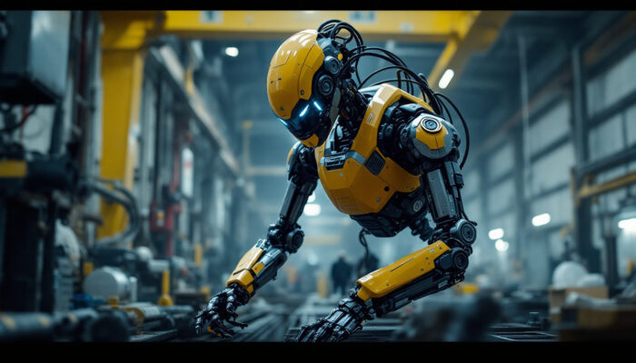 A photograph of a boston dynamics robot in action within an industrial setting