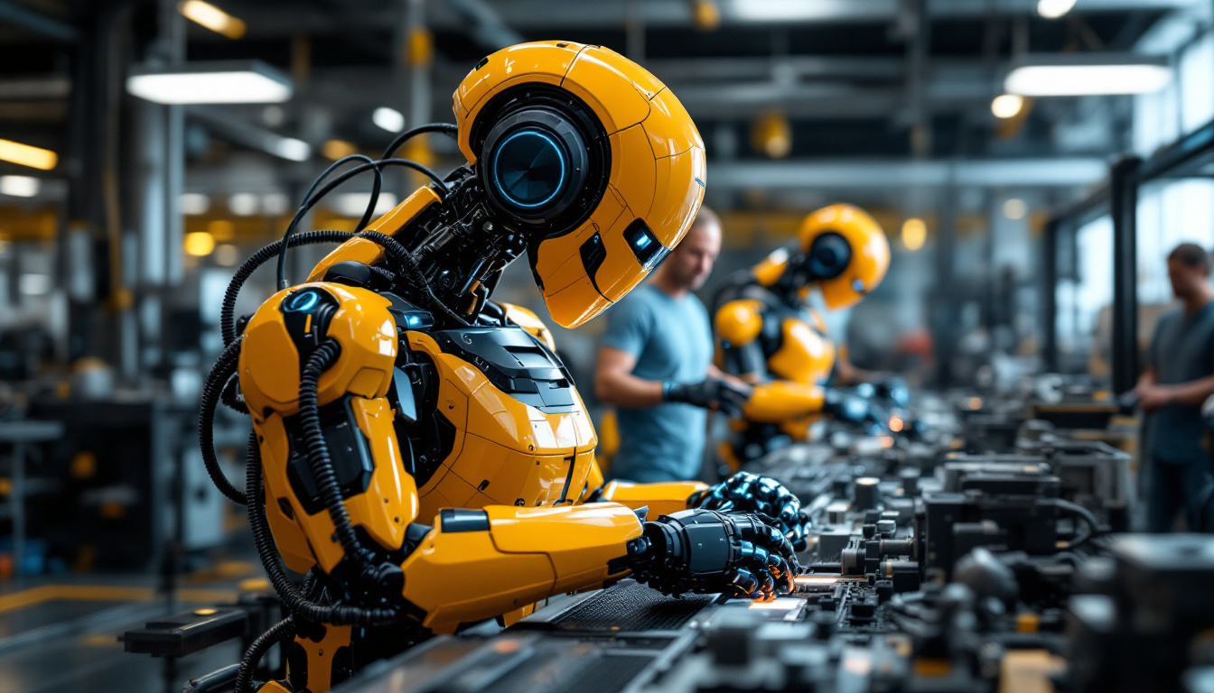 A photograph of a tesla robot in action within an industrial setting