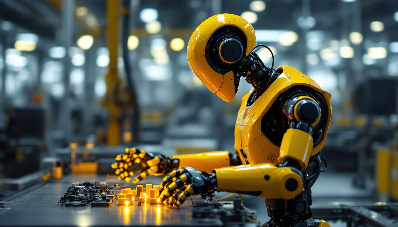 A photograph of a modern industrial robot in action on a factory floor