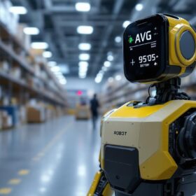 A photograph of a modern industrial robot in action