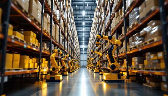 A photograph of a high-tech automated storage and retrieval system in action within an industrial warehouse