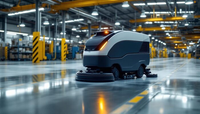 A photograph of a robotic floor scrubber in action within an industrial setting