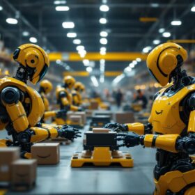 A photograph of a bustling amazon warehouse scene showcasing various industrial robots in action