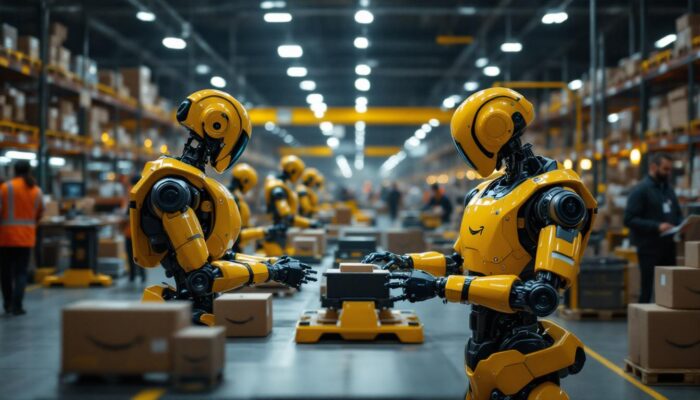 A photograph of a bustling amazon warehouse scene showcasing various industrial robots in action