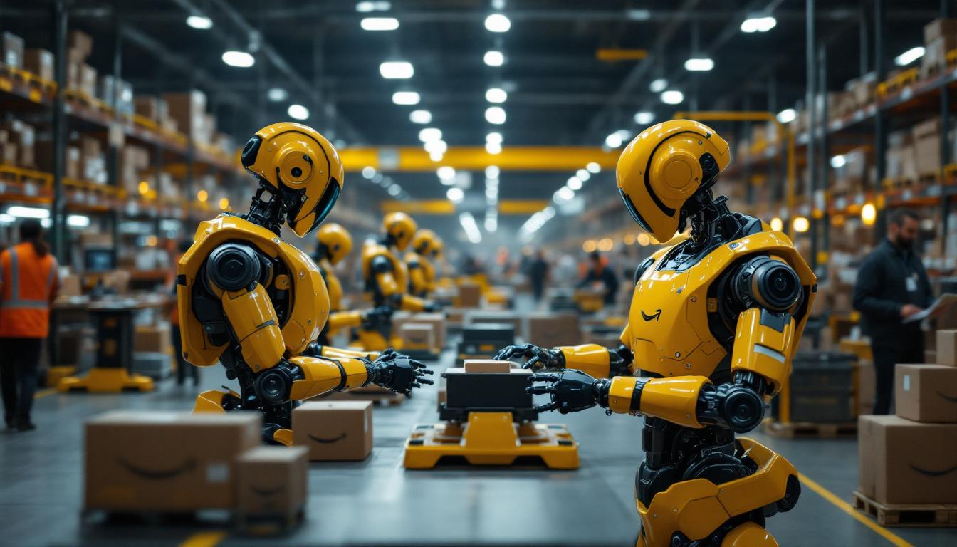 A photograph of a bustling amazon warehouse scene showcasing various industrial robots in action