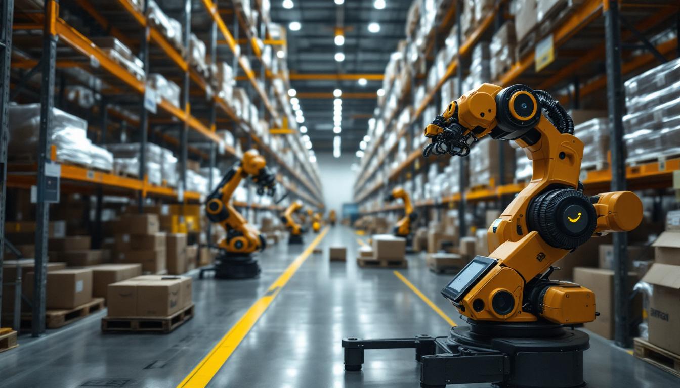 A photograph of a bustling amazon warehouse interior
