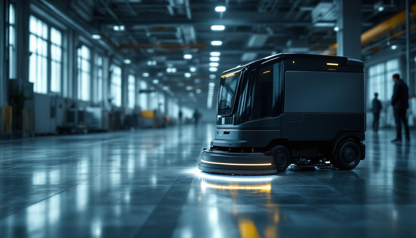 A photograph of a sleek industrial robotic floor cleaner in action